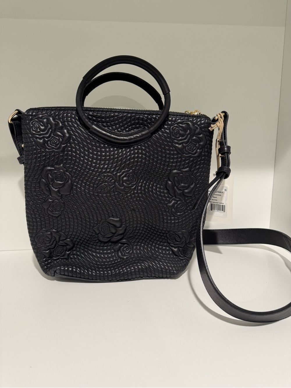 NWT HOBO Black Embossed Floral Ring-Handle Crossbody Tote